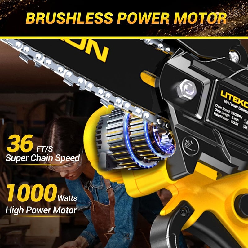 LITEKON Mini Chainsaw with 1000 Watt High Power Motor, 36 FT/S Cordless Power Chainsaw with Auto-Oil System, 2025 Upgraded 6Inch 20V Electric Chain Saw with 2x2000mAh Battery & Quick Charger, 3 Chains - Image 3